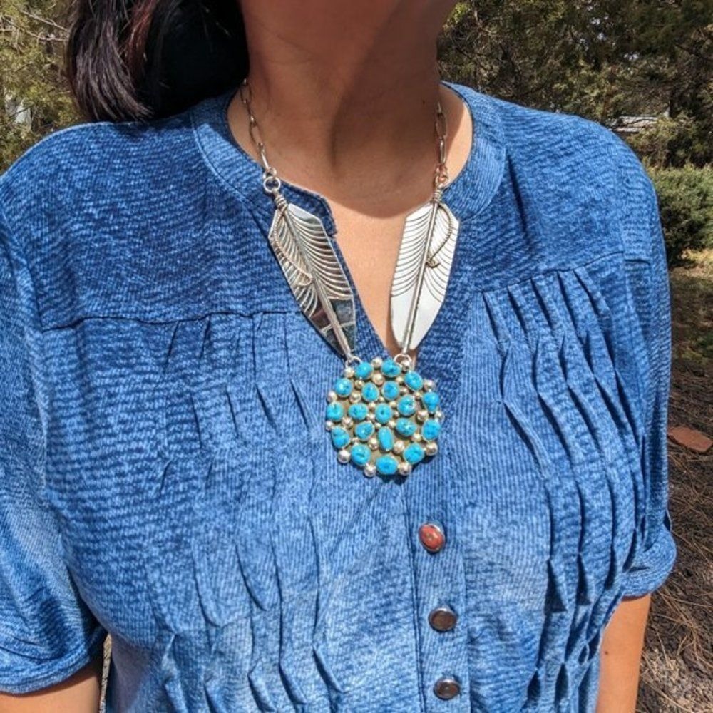 Native American Chain Necklace Handmade Cluster Turquoise 2 Large Leaves*** - Picture 4 of 11